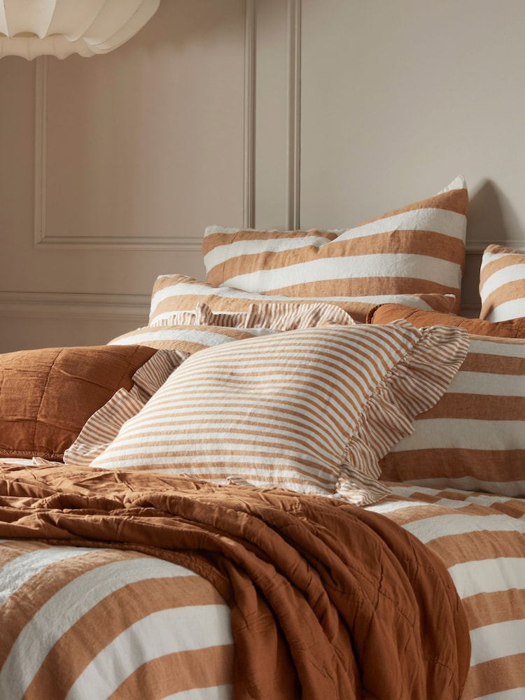 Secret Linen Store Amber Cora Mid Stripe 100% Linen Cushion Cover - Image 1 of 3 Secret Linen Store Amber Cora Mid Stripe 100% Linen Cushion Cover - Image 1 of 3