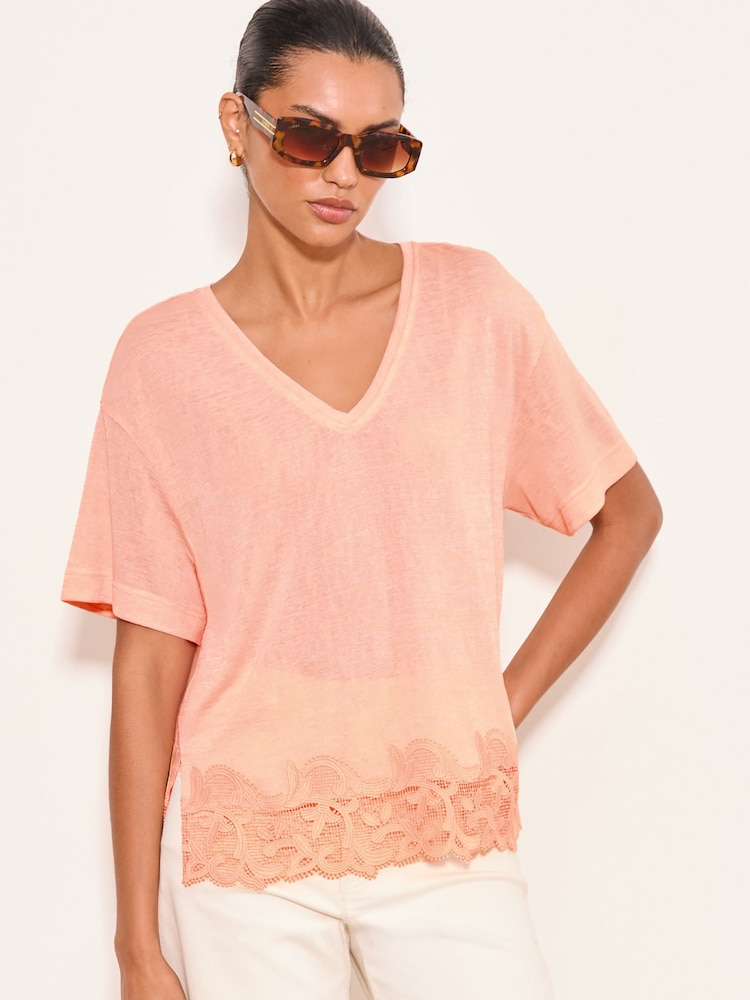 Lipsy Orange V-Neck Lace Hem T-Shirt - Image 1 of 5