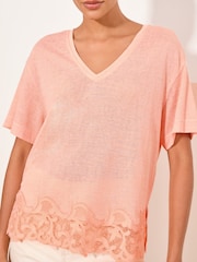 Lipsy Orange V-Neck Lace Hem T-Shirt - Image 2 of 5