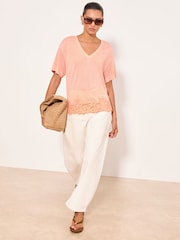 Lipsy Orange V-Neck Lace Hem T-Shirt - Image 3 of 5