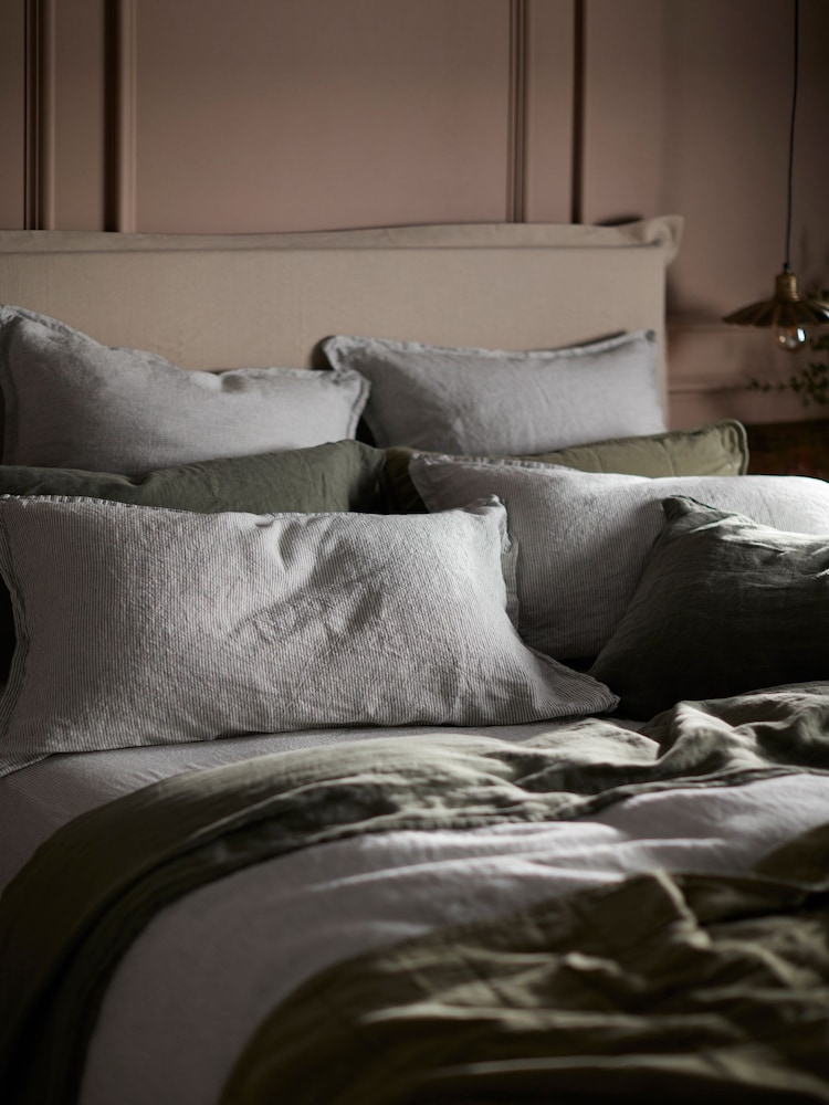 Secret Linen Store Olive Green Sid Stripe 100% Linen Duvet Cover - Image 2 of 4 Secret Linen Store Olive Green Sid Stripe 100% Linen Duvet Cover - Image 2 of 4