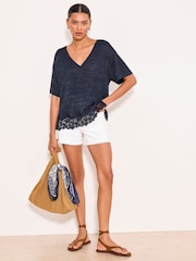 Lipsy Navy Blue V-Neck Lace Hem T-Shirt - Image 1 of 5