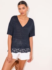 Lipsy Navy Blue V-Neck Lace Hem T-Shirt - Image 2 of 5