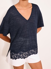Lipsy Navy Blue V-Neck Lace Hem T-Shirt - Image 4 of 5