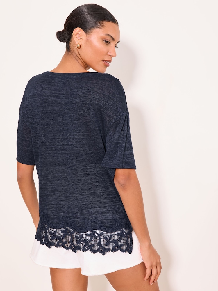 Lipsy Navy Blue V-Neck Lace Hem T-Shirt - Image 5 of 5