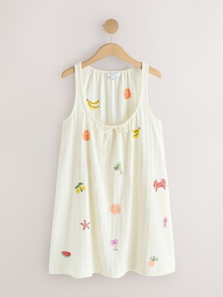 Ecru Embroidered Sleeveless Jersey Mini Summer Dress - Image 1 of 3