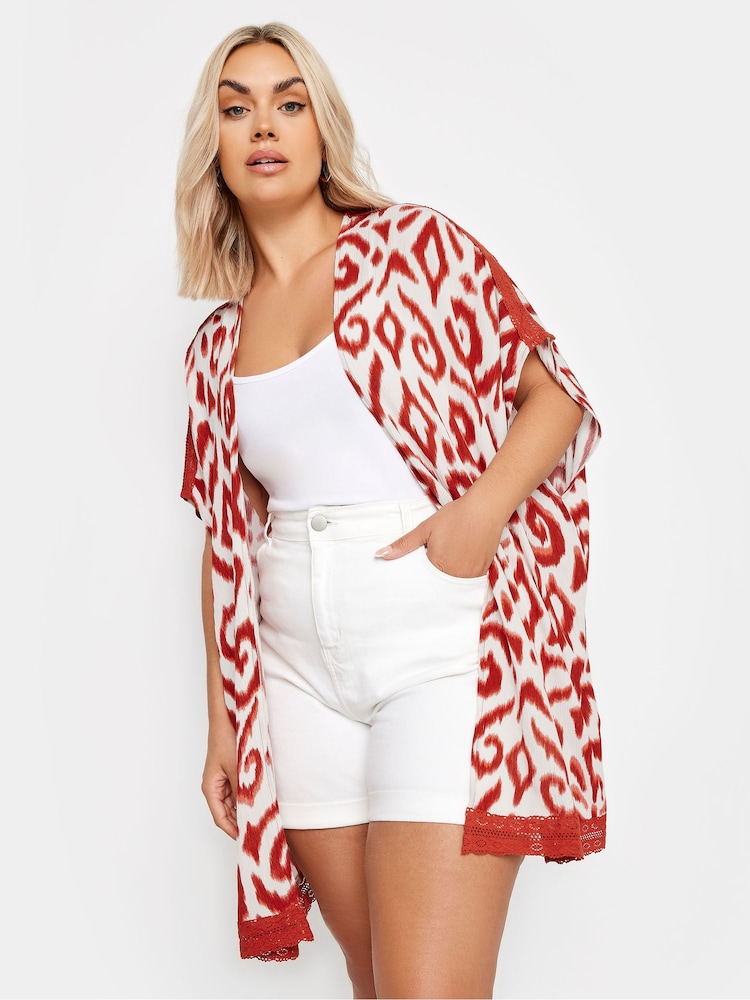 Yours Curve White Black Floral Print Crochet Trim Kimono - Image 1 of 5