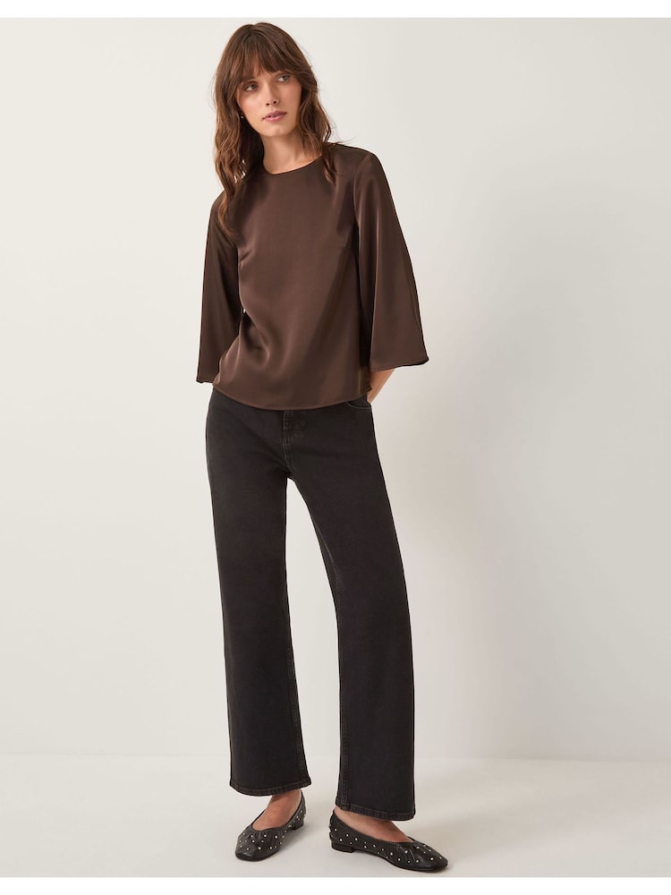 Monsoon Brown Ingrid Bell Sleeve Satin Blouse - Image 1 of 5