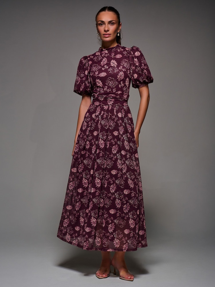 Jolie Moi Red Puffy Sleeve Printed Mesh Maxi Dress - Image 1 of 6 Jolie Moi Red Puffy Sleeve Printed Mesh Maxi Dress - Image 1 of 6