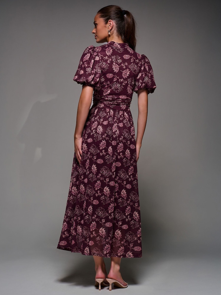 Jolie Moi Red Puffy Sleeve Printed Mesh Maxi Dress - Image 2 of 6 Jolie Moi Red Puffy Sleeve Printed Mesh Maxi Dress - Image 2 of 6