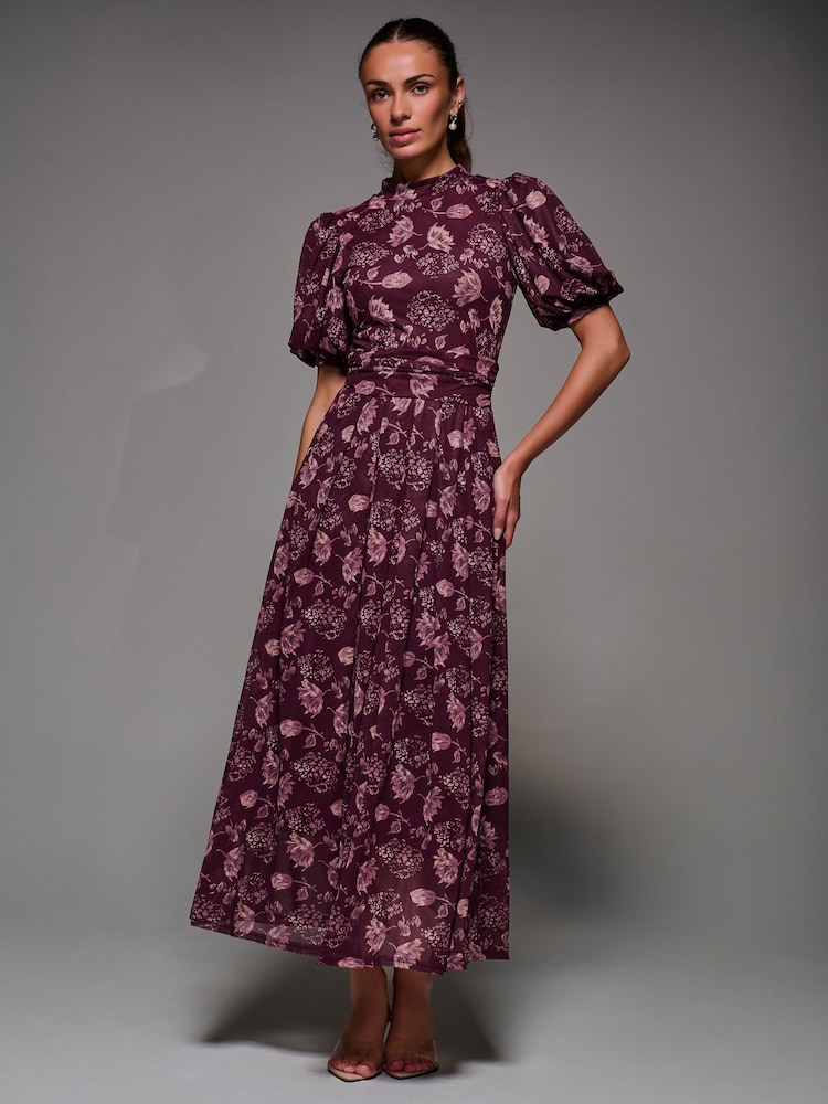 Jolie Moi Red Puffy Sleeve Printed Mesh Maxi Dress - Image 6 of 6 Jolie Moi Red Puffy Sleeve Printed Mesh Maxi Dress - Image 6 of 6