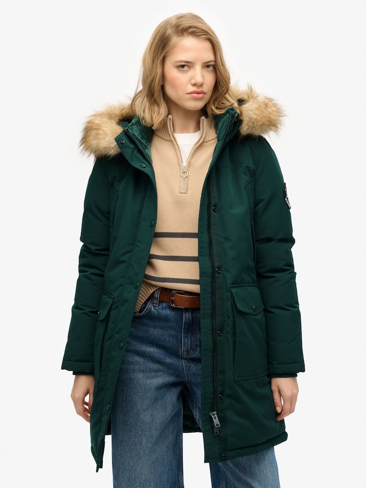 Superdry Green Everest Faux Fur Parka Coat - Image 1 of 8 Superdry Green Everest Faux Fur Parka Coat - Image 1 of 8