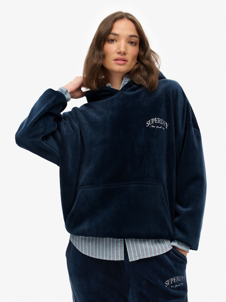 Superdry Blue Country Club Velour Relaxed Hoodie - Image 1 of 7 Superdry Blue Country Club Velour Relaxed Hoodie - Image 1 of 7