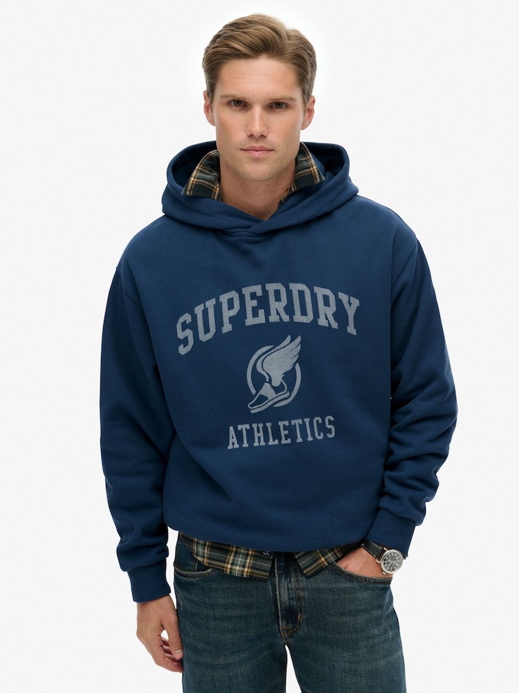 Superdry Blue Vintage Athletics Oversized Hoodie - Image 1 of 7 Superdry Blue Vintage Athletics Oversized Hoodie - Image 1 of 7