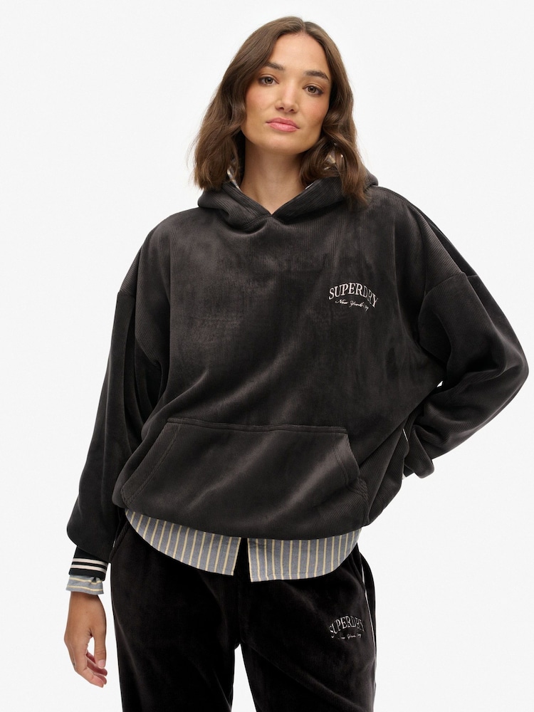 Superdry Black Country Club Velour Relaxed Hoodie - Image 1 of 7 Superdry Black Country Club Velour Relaxed Hoodie - Image 1 of 7