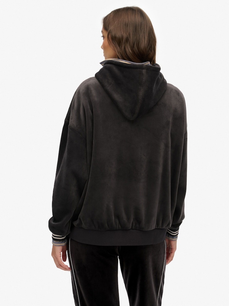 Superdry Black Country Club Velour Relaxed Hoodie - Image 2 of 7 Superdry Black Country Club Velour Relaxed Hoodie - Image 2 of 7