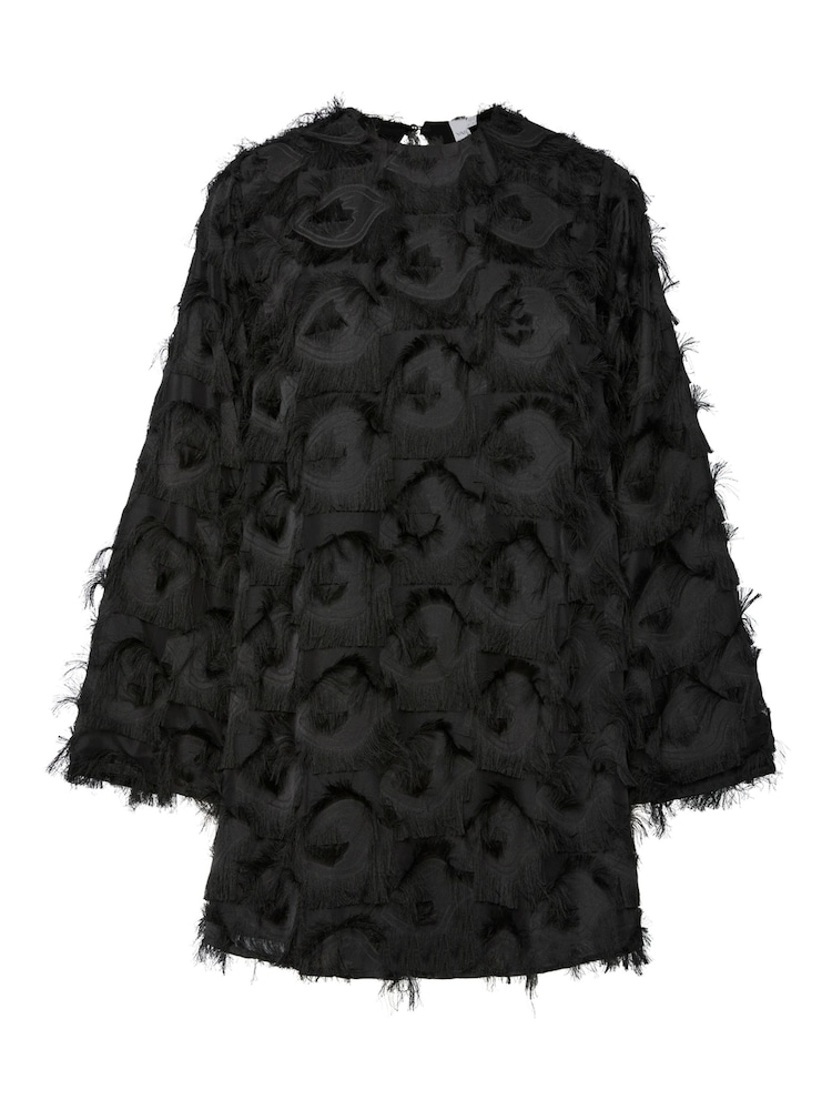 Y.A.S Fringe Texture Long Sleeve Mini Black Dress - Image 1 of 2