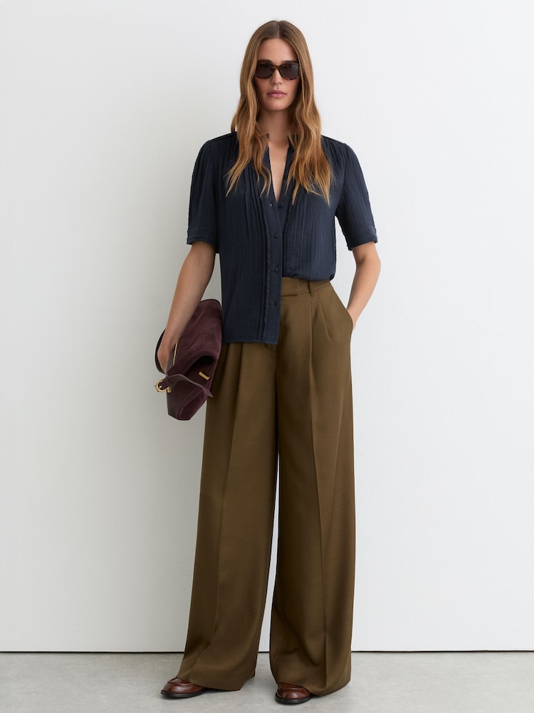 Reiss Navy Aurelia Cotton Cheesecloth Pleated Top - Image 1 of 6 Reiss Navy Aurelia Cotton Cheesecloth Pleated Top - Image 1 of 6