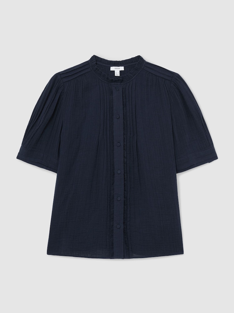 Reiss Navy Aurelia Cotton Cheesecloth Pleated Top - Image 2 of 6 Reiss Navy Aurelia Cotton Cheesecloth Pleated Top - Image 2 of 6