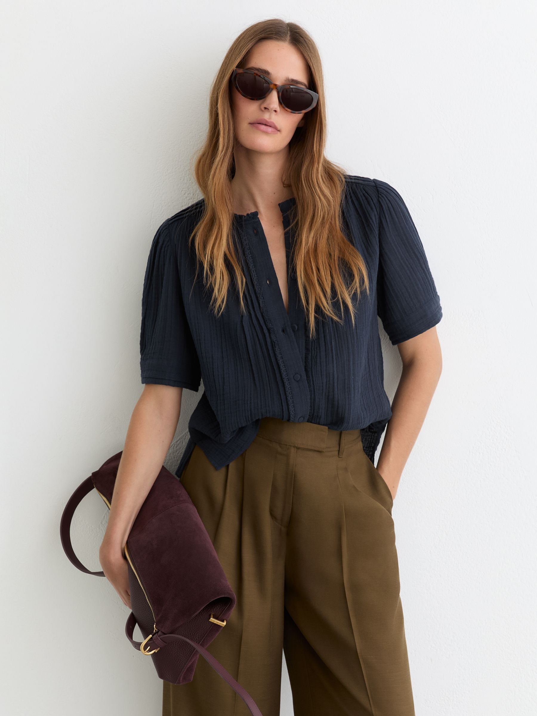 Buy Reiss Navy Aurelia Cotton Cheesecloth Frill-Neck Top from Next USA