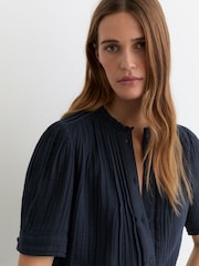 Reiss Navy Aurelia Cotton Cheesecloth Pleated Top - Image 4 of 6