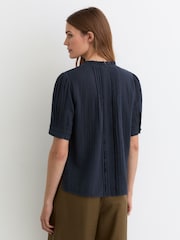 Reiss Navy Aurelia Cotton Cheesecloth Pleated Top - Image 5 of 6