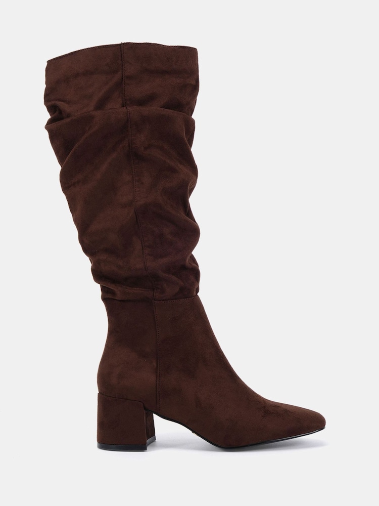 Novo Brown Regular Fit GERI Block Heel Square Toe Ruched Knee Boot - Image 2 of 6 Novo Brown Regular Fit GERI Block Heel Square Toe Ruched Knee Boot - Image 2 of 6