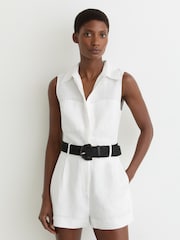 Reiss Ivory Taylor Linen Sleeveless Belted Playsuit - Image 3 of 6