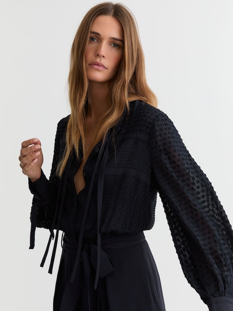 Reiss Navy Katerina Embroidered Long-Sleeve Belted Playsuit - Image 1 of 7