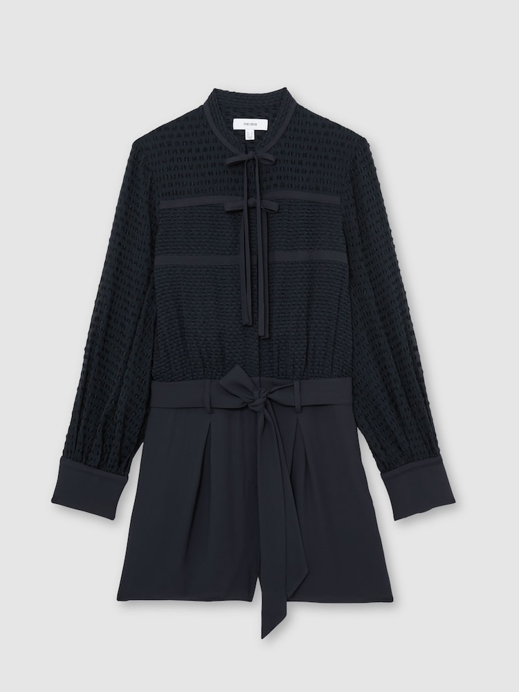 Reiss Navy Katerina Embroidered Long-Sleeve Belted Playsuit - Image 2 of 7
