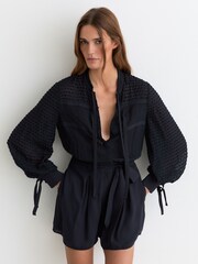 Reiss Navy Katerina Embroidered Long-Sleeve Belted Playsuit - Image 4 of 7