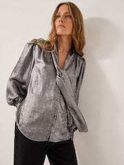 Monsoon Silver Milena Metallic Tie Neck Blouse - Image 1 of 5