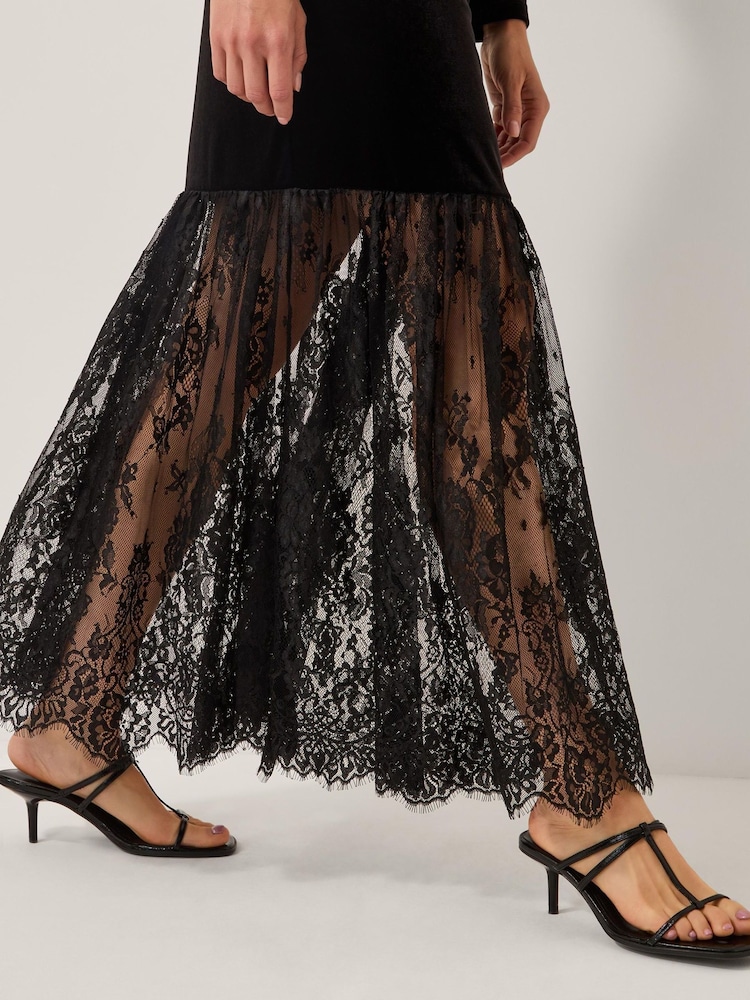 Monsoon Black Verity Velvet Lace Maxi Dress - Image 1 of 4 Monsoon Black Verity Velvet Lace Maxi Dress - Image 1 of 4