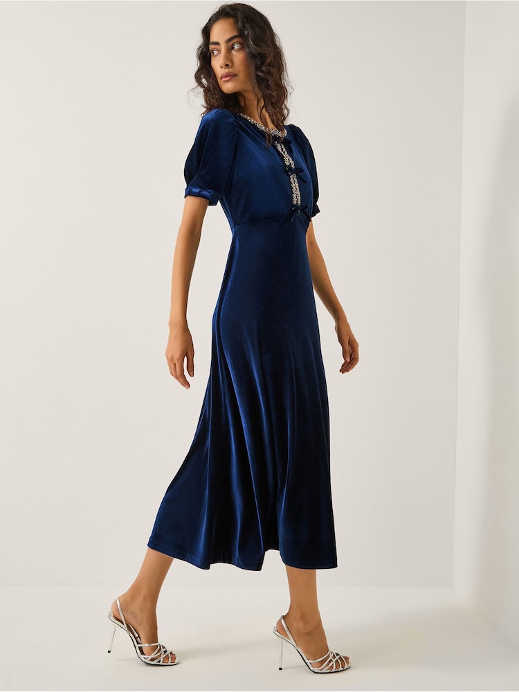 Monsoon Blue Celeste Embellished Bow Velvet Midi Dress - Image 2 of 5 Monsoon Blue Celeste Embellished Bow Velvet Midi Dress - Image 2 of 5