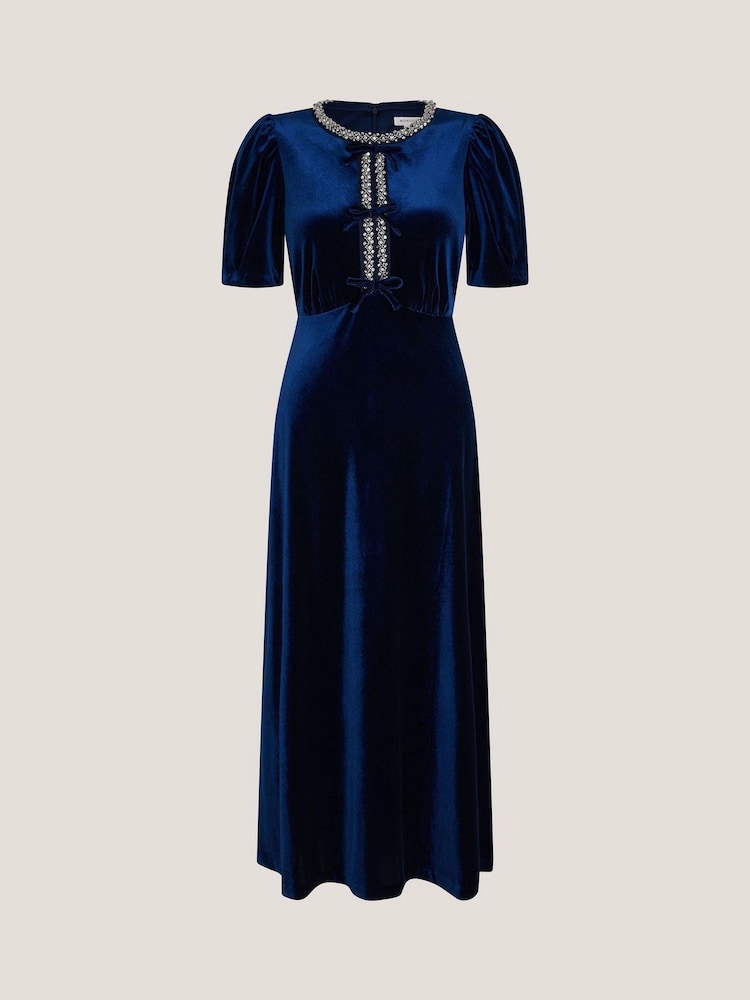 Monsoon Blue Celeste Embellished Bow Velvet Midi Dress - Image 5 of 5