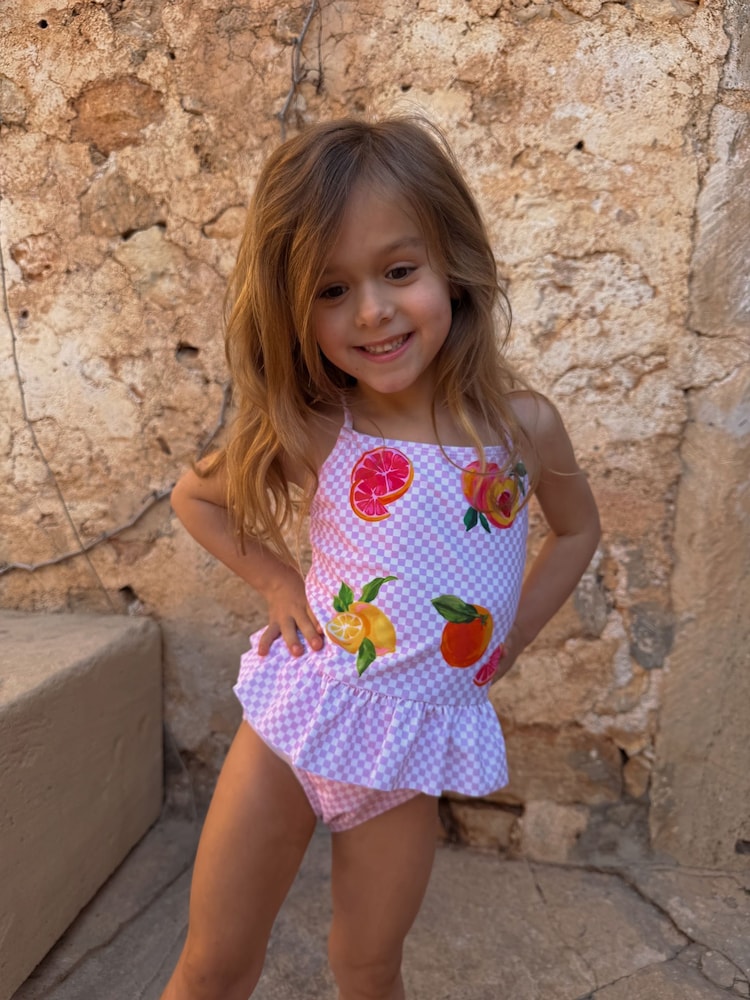 Never Fully Dressed Pink Check Fruit Ruffle Swimsuit - Image 1 of 4