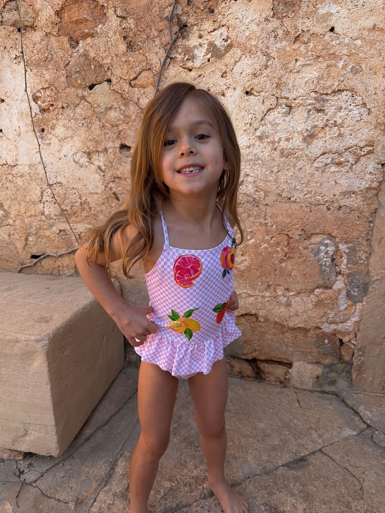Never Fully Dressed Pink Check Fruit Ruffle Swimsuit - Image 2 of 4