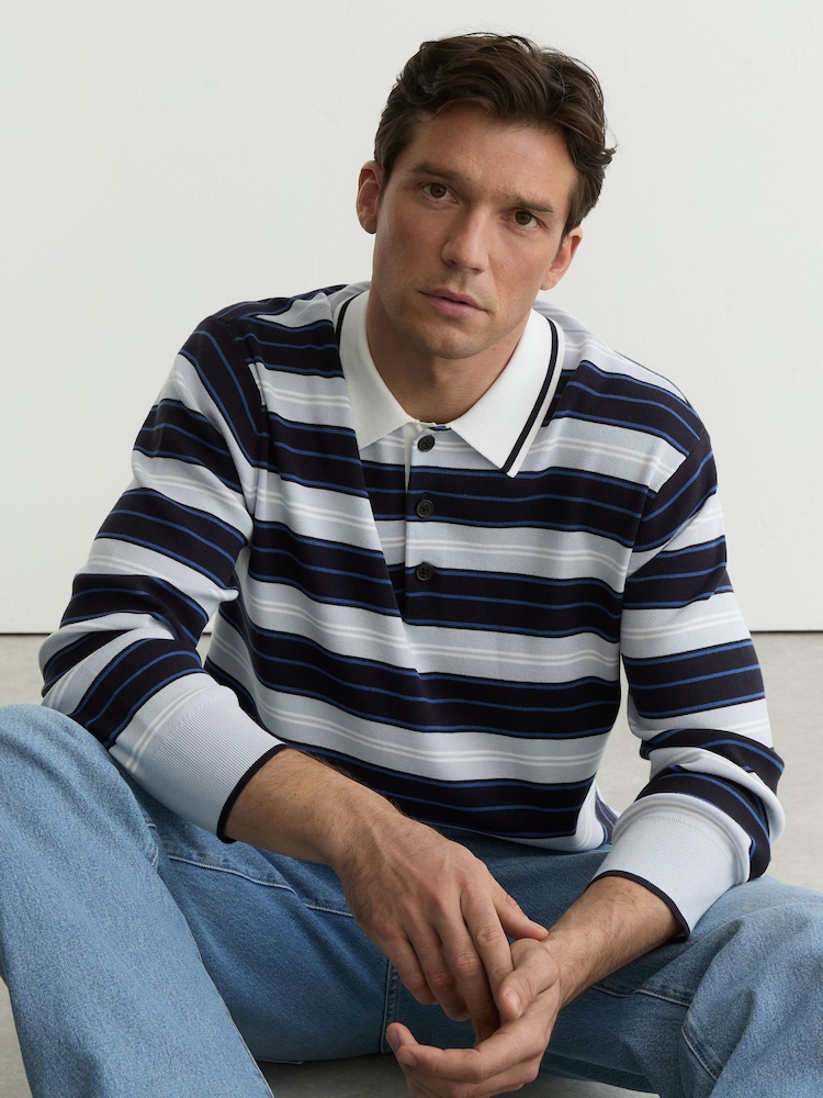 Reiss Blue Multi Scrum Ruby-Stripe Half-Button Jumper - Image 1 of 7