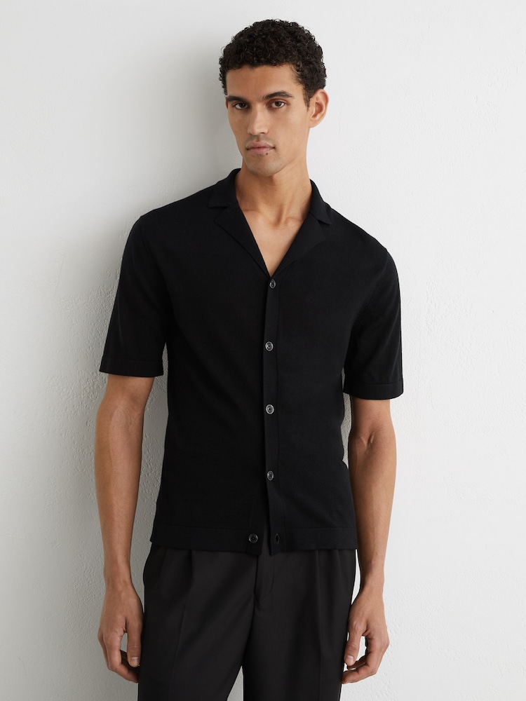 Reiss Black Grafton Merino Wool Cuban-Collar Shirt - Image 1 of 5