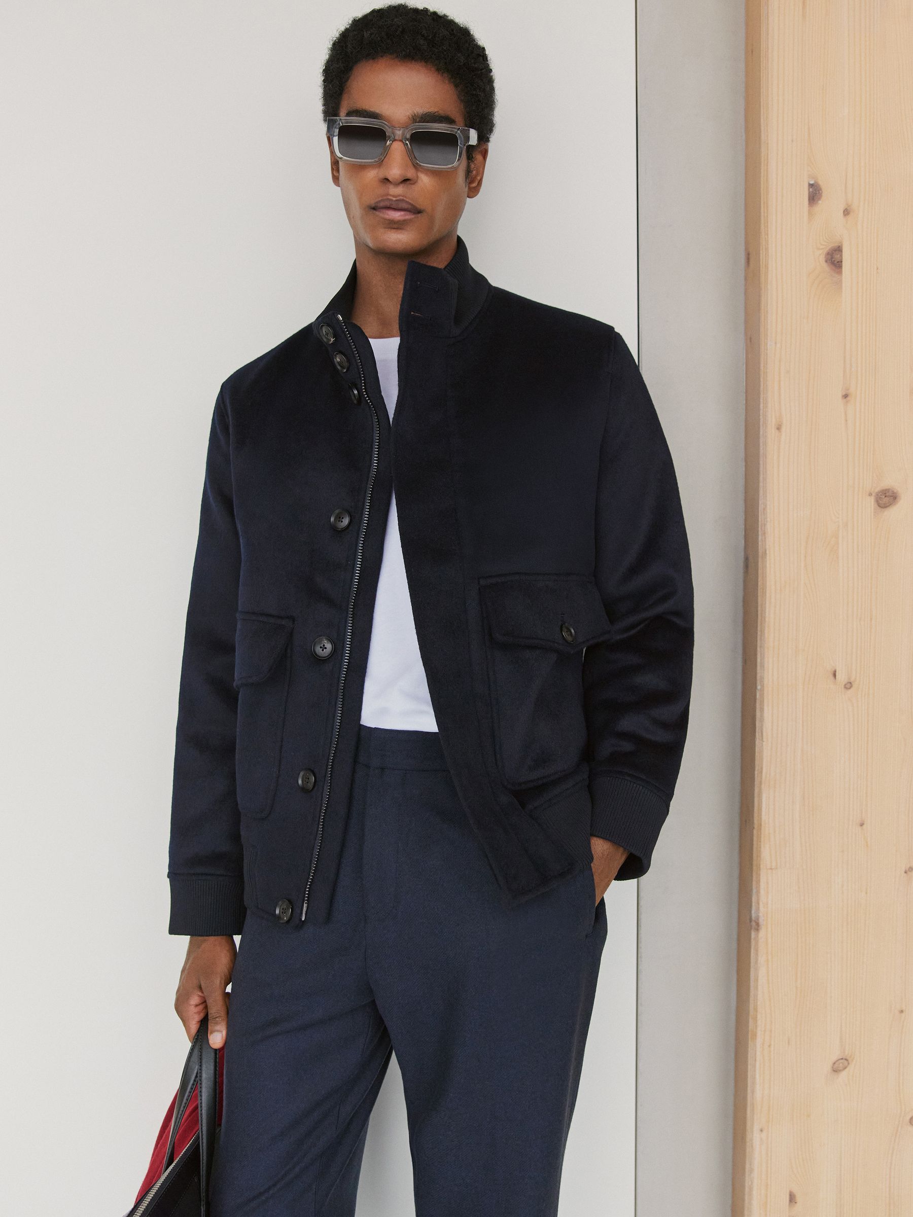 Buy Reiss Navy Hadley Wool-Blend Funnel-Neck Bomber Jacket from