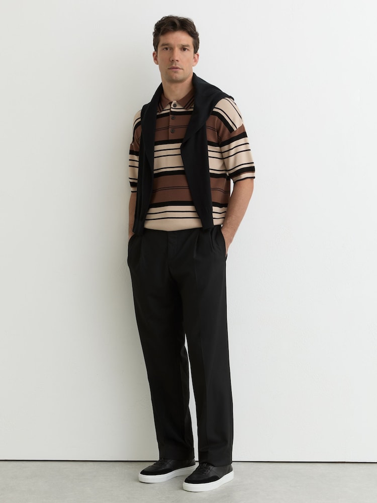 Reiss Camel Multi Abbot Stripe Knit Half-Button Polo Shirt - Image 1 of 6 Reiss Camel Multi Abbot Stripe Knit Half-Button Polo Shirt - Image 1 of 6