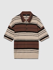 Reiss Camel Multi Abbot Stripe Knit Half-Button Polo Shirt - Image 2 of 6