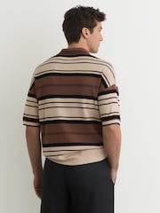 Reiss Camel Multi Abbot Stripe Knit Half-Button Polo Shirt - Image 5 of 6