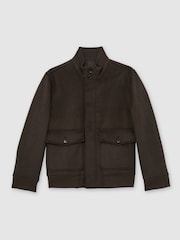 Reiss Chocolate Brown Hadley Wool-Blend Funnel-Neck Bomber Jacket - Image 2 of 7