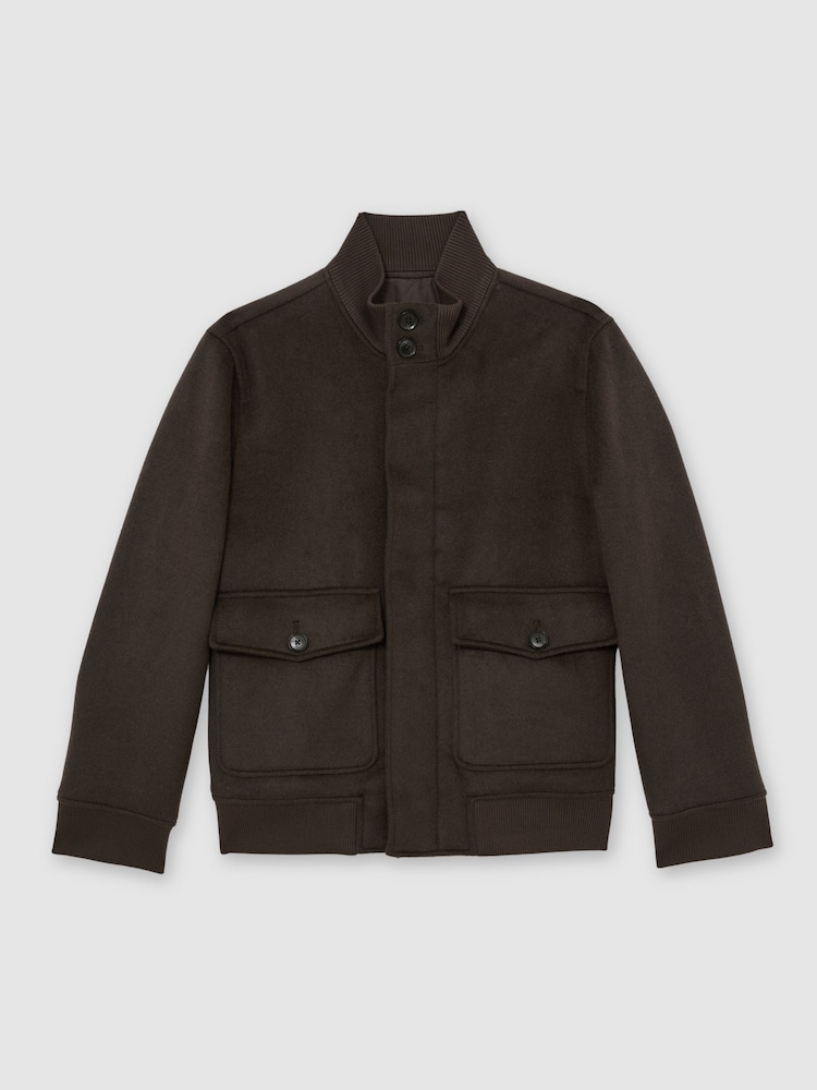 Reiss Chocolate Brown Hadley Wool-Blend Funnel-Neck Bomber Jacket - Image 2 of 7