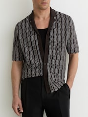 Reiss Brown Drake Wavy-Stripe Cuban-Collar Knit Shirt - Image 1 of 7