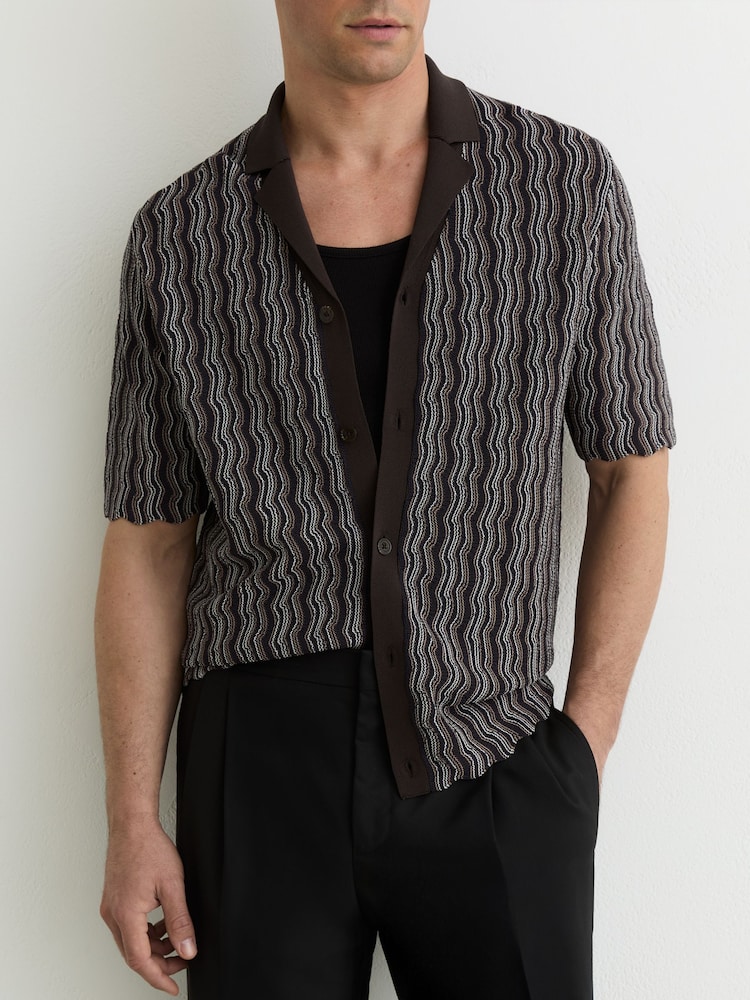 Reiss Brown Drake Wavy-Stripe Cuban-Collar Knit Shirt - Image 1 of 7