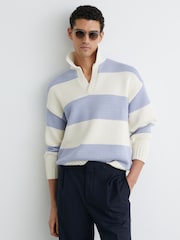 Reiss White/Soft Blue Melange Winger Cotton-Blend Open-Collar Rugby Jumper - Image 1 of 7