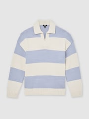 Reiss White/Soft Blue Melange Winger Cotton-Blend Open-Collar Rugby Jumper - Image 2 of 7
