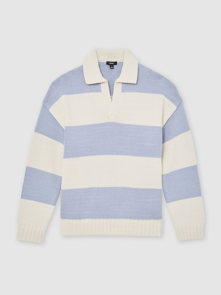 Reiss White/Soft Blue Melange Winger Cotton-Blend Open-Collar Rugby Jumper - Image 2 of 7